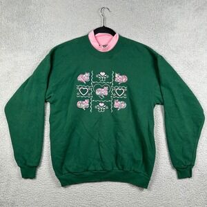 VTG 90s Lee Sweatshirt Womens L Embroidered Cat Heart Grandma Cottagecore USA